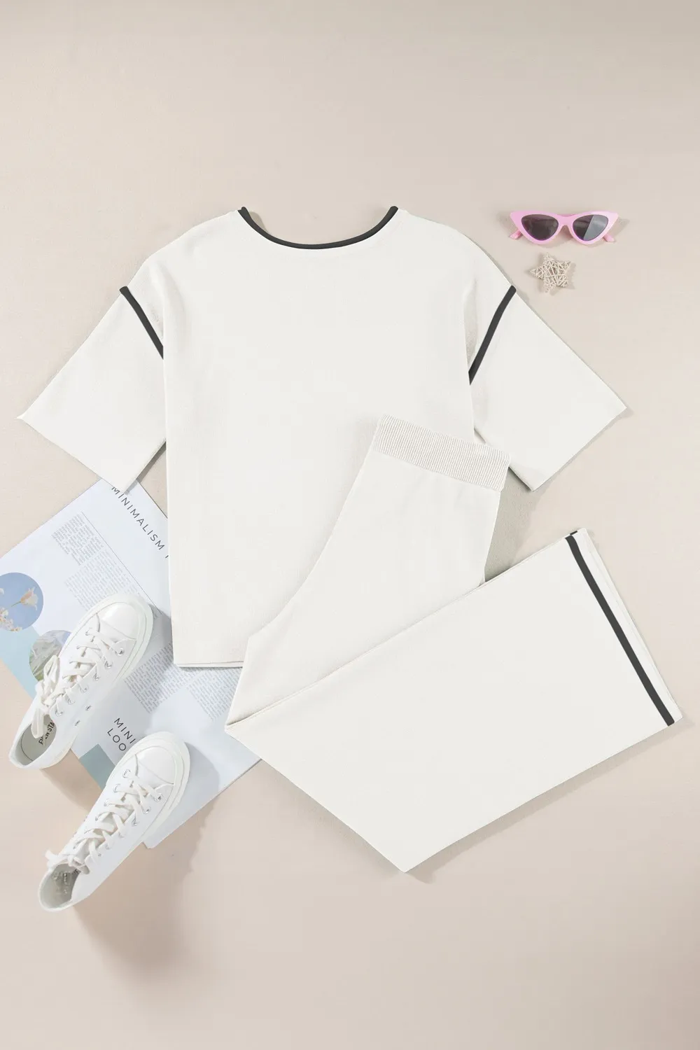 Contrast Trim Round Neck Top and Pants Set, image 23