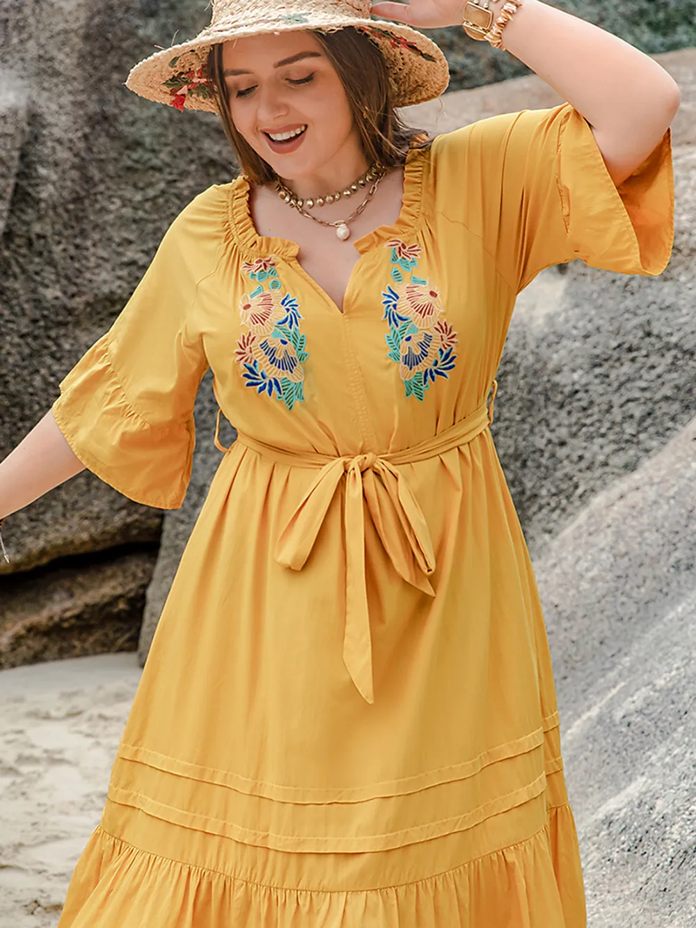 Plus Size Notched Tie Waist Half Sleeve Midi Dress, image 5