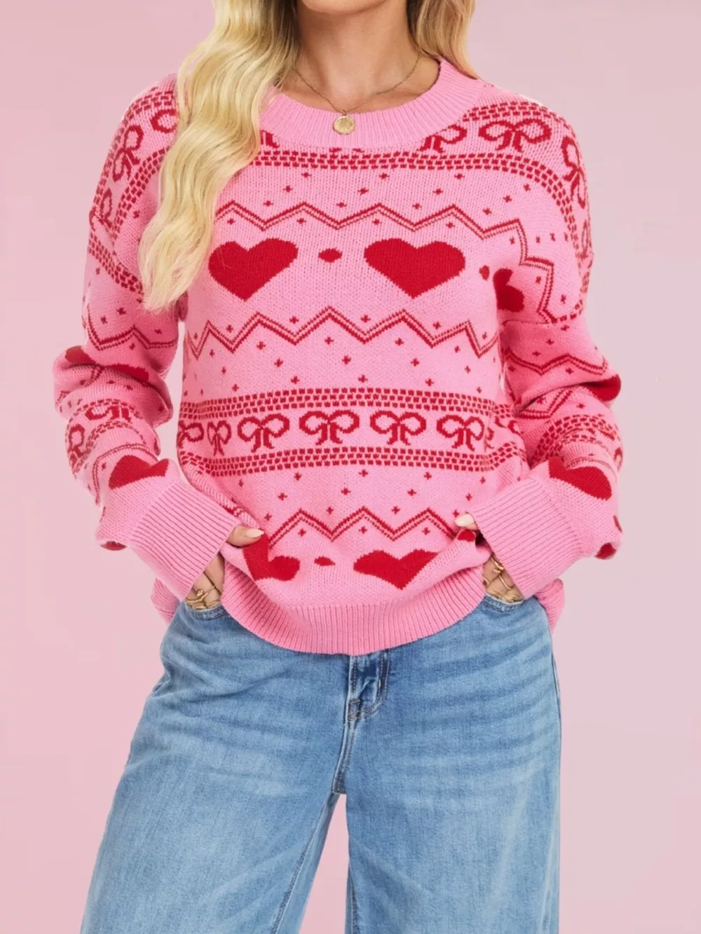 Heart Pattern Dropped Shoulder Sweater, image 4