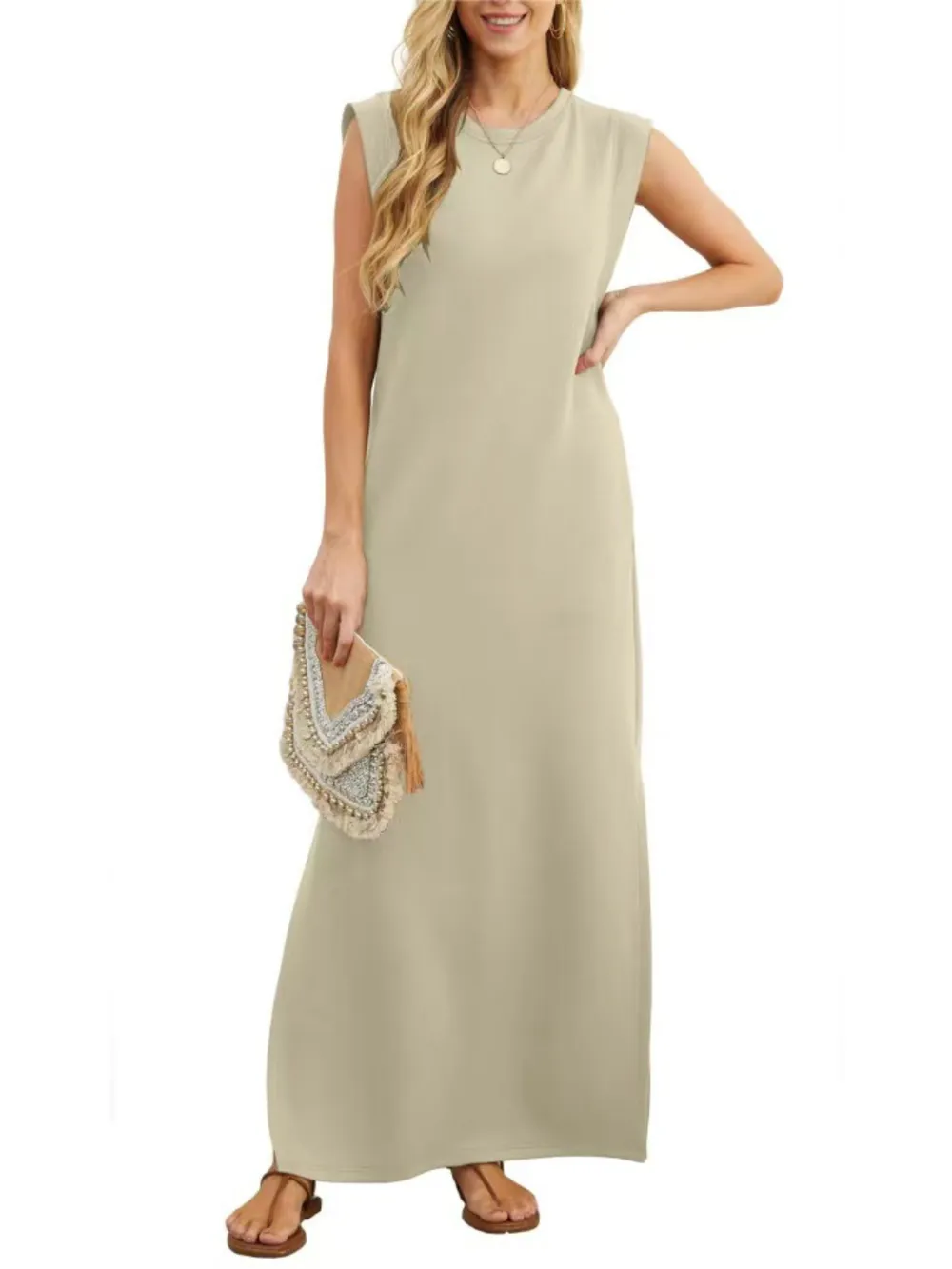 Full Size Slit Round Neck Sleeveless Maxi Tank Dress Plus Size, image 24