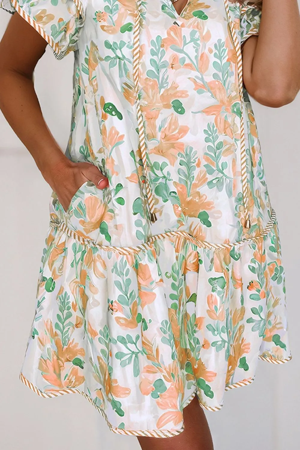 Floral Tie Neck Layered Short Sleeve Dress, image 13