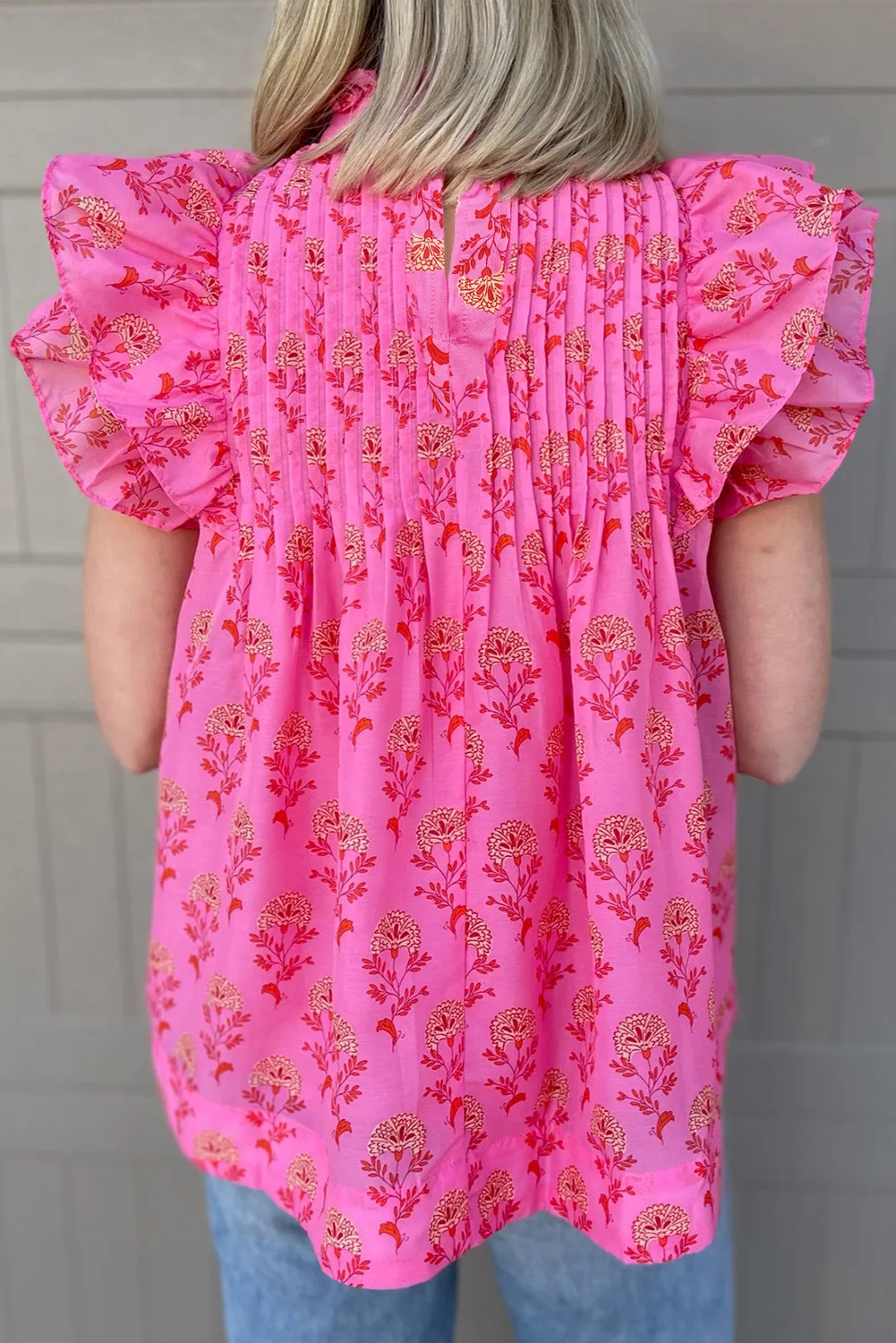 Ruffled Printed Mock Neck Cap Sleeve Blouse, image 6