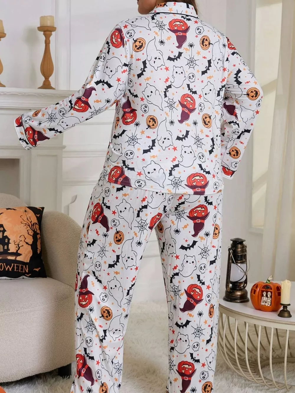 Plus Size Halloween Ghost and Pumpkin Print Top and Pants Lounge Set, image 4