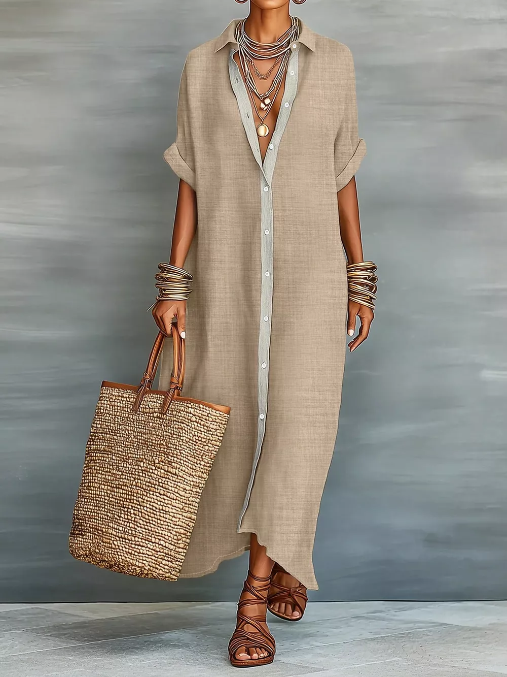 Casual Linen Shirt Dress with Button-Down Front