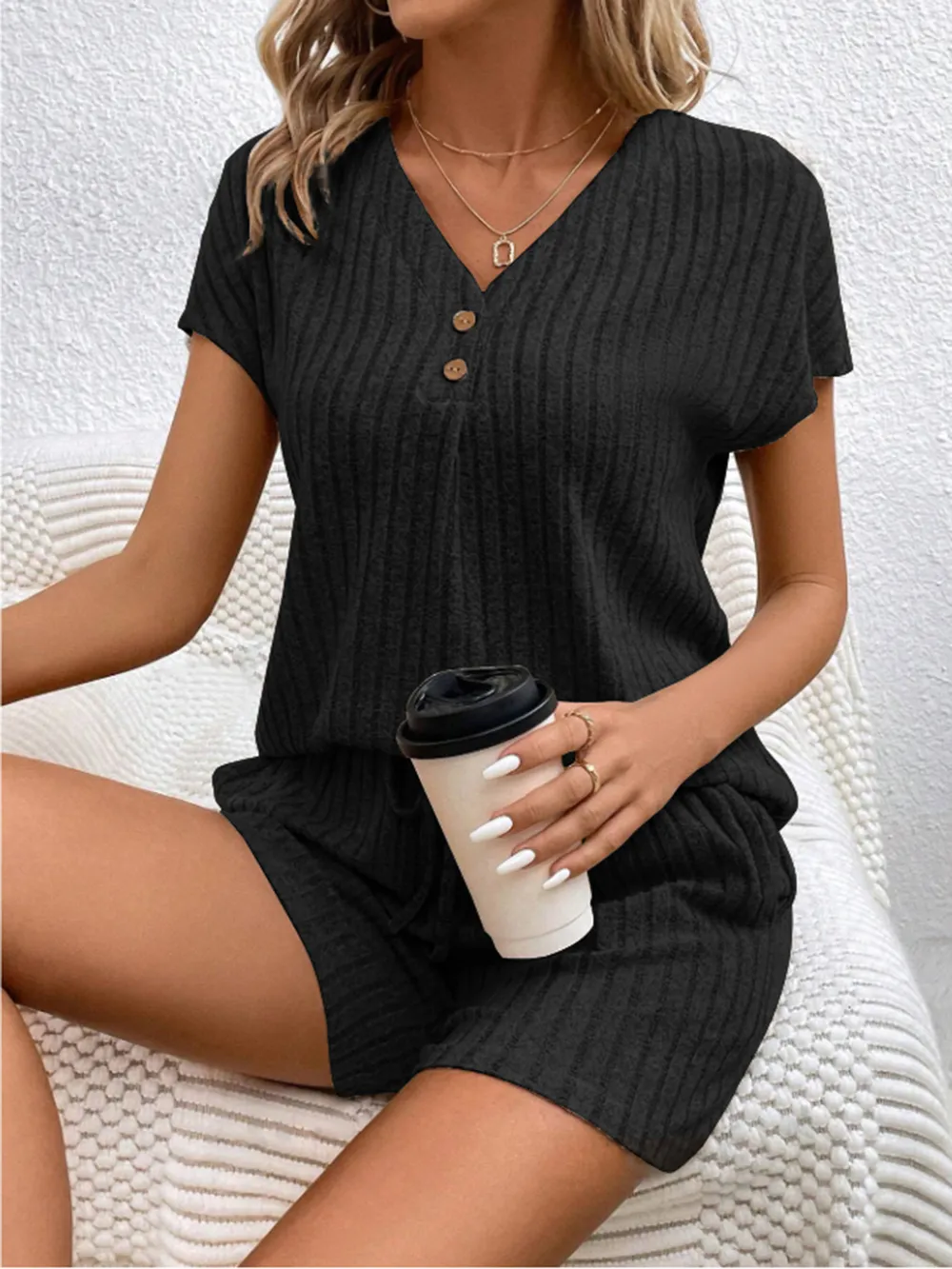 Ribbed V-Neck Top and Shorts Set, image 14