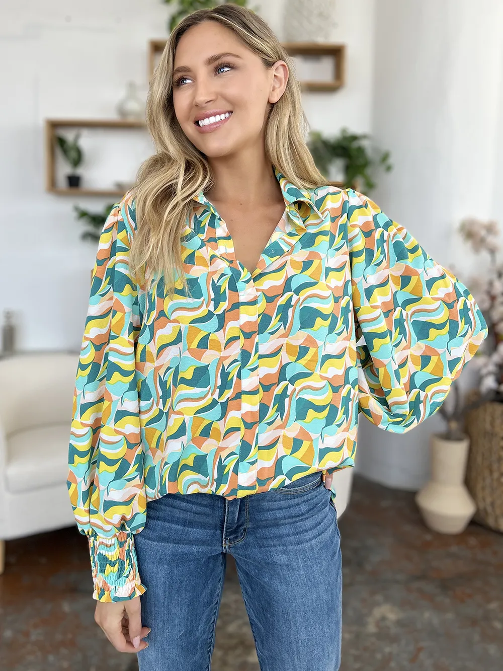 Full Size Printed Smocked Long Sleeve Blouse, image 12