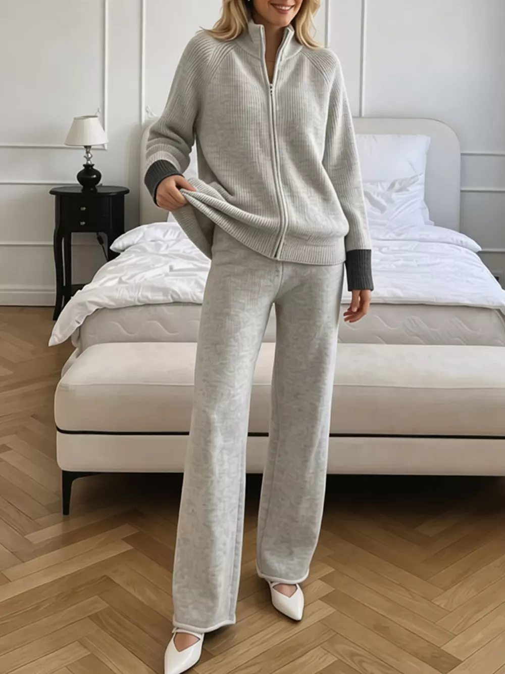 Zip-Up Contrast Cuff Cardigan and Pants Sweater Set