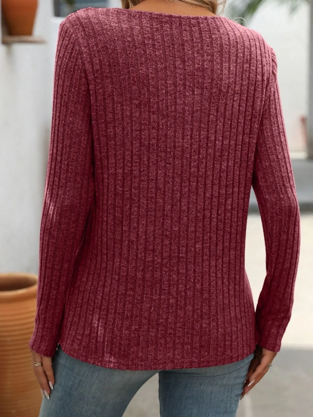 Ribbed V-Neck Long Sleeve T-Shirt, image 9