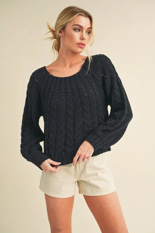 Cable-Knit Openwork Round Neck Sweater