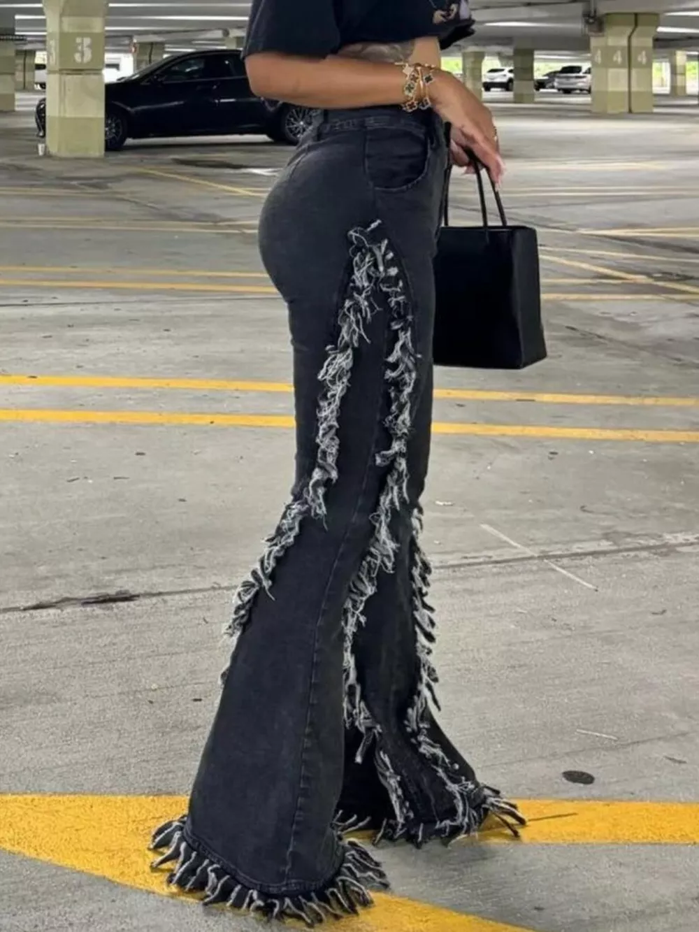Frayed Trim High Waist Flare Jeans, image 4