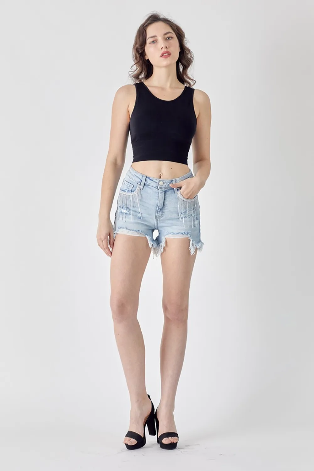 Frayed Hem Denim Shorts with Fringe Detail Pockets, image 6