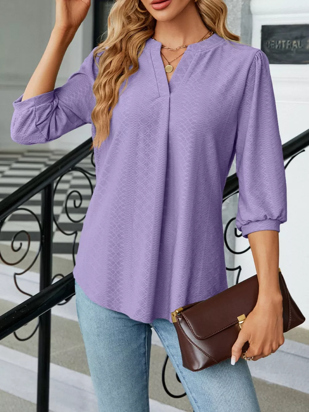 Notched 3/4 Sleeve Casual Top, image 4