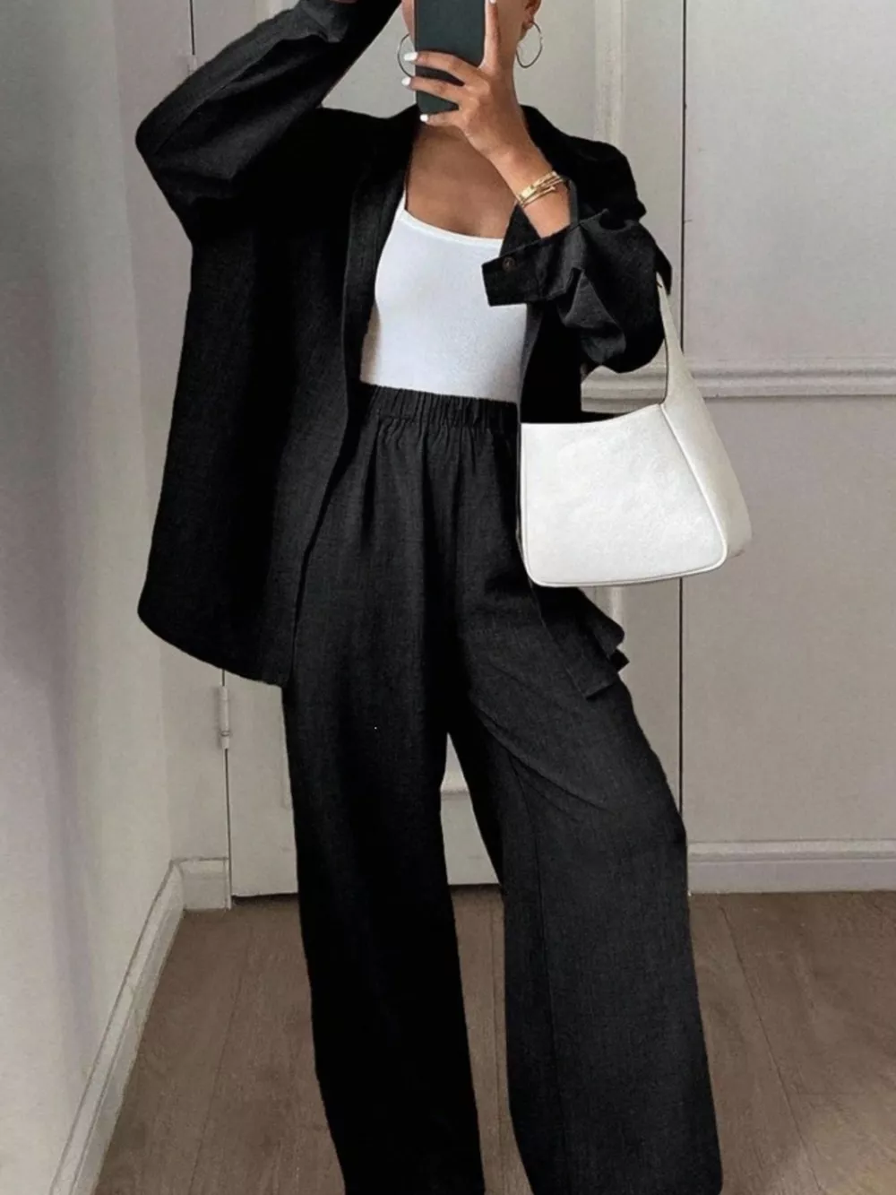 Button Up Long Sleeve Shirt and Wide Leg Pants Set, image 20