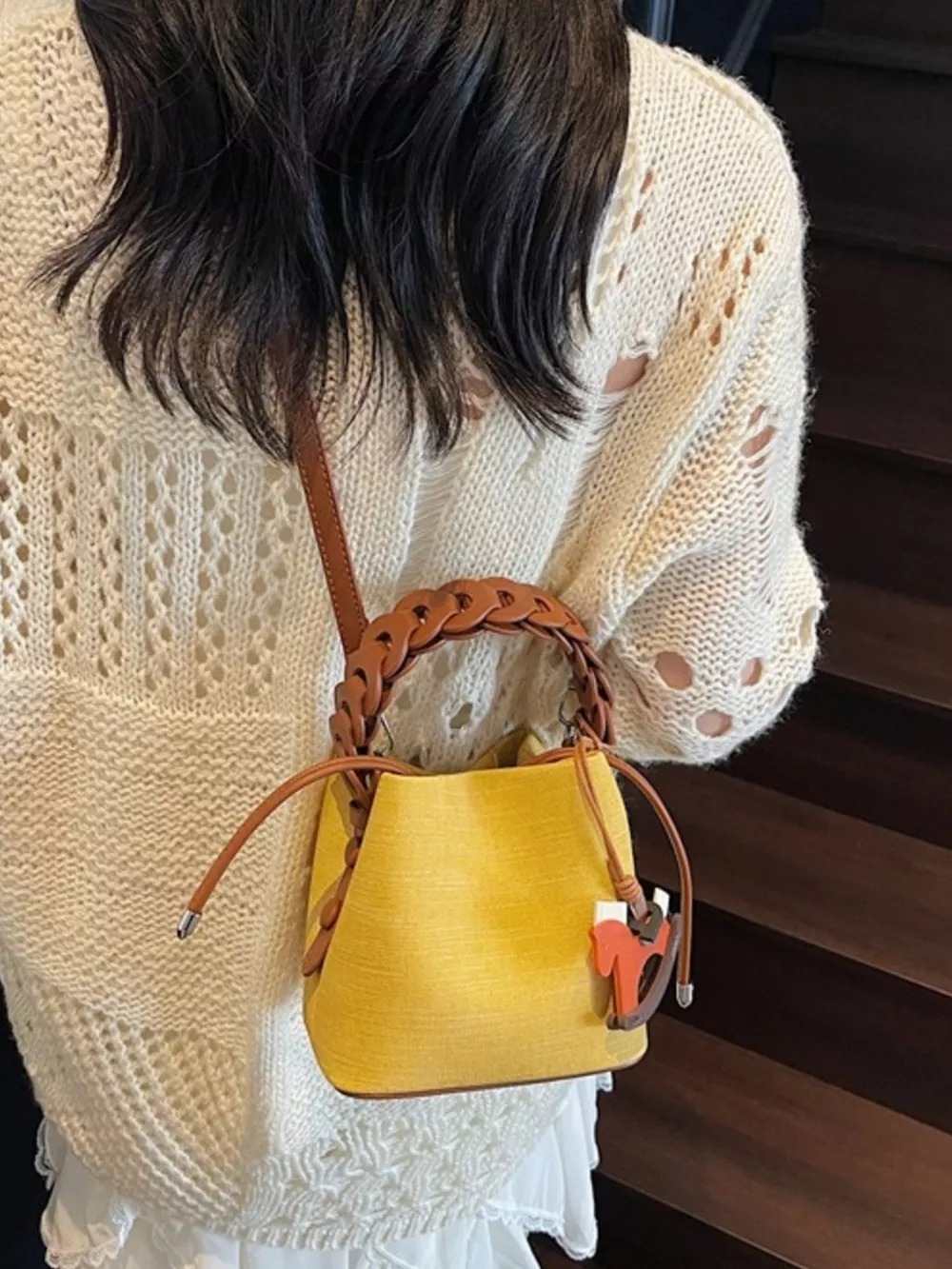 Braided Top Handle Bucket Crossbody Bag, image 6