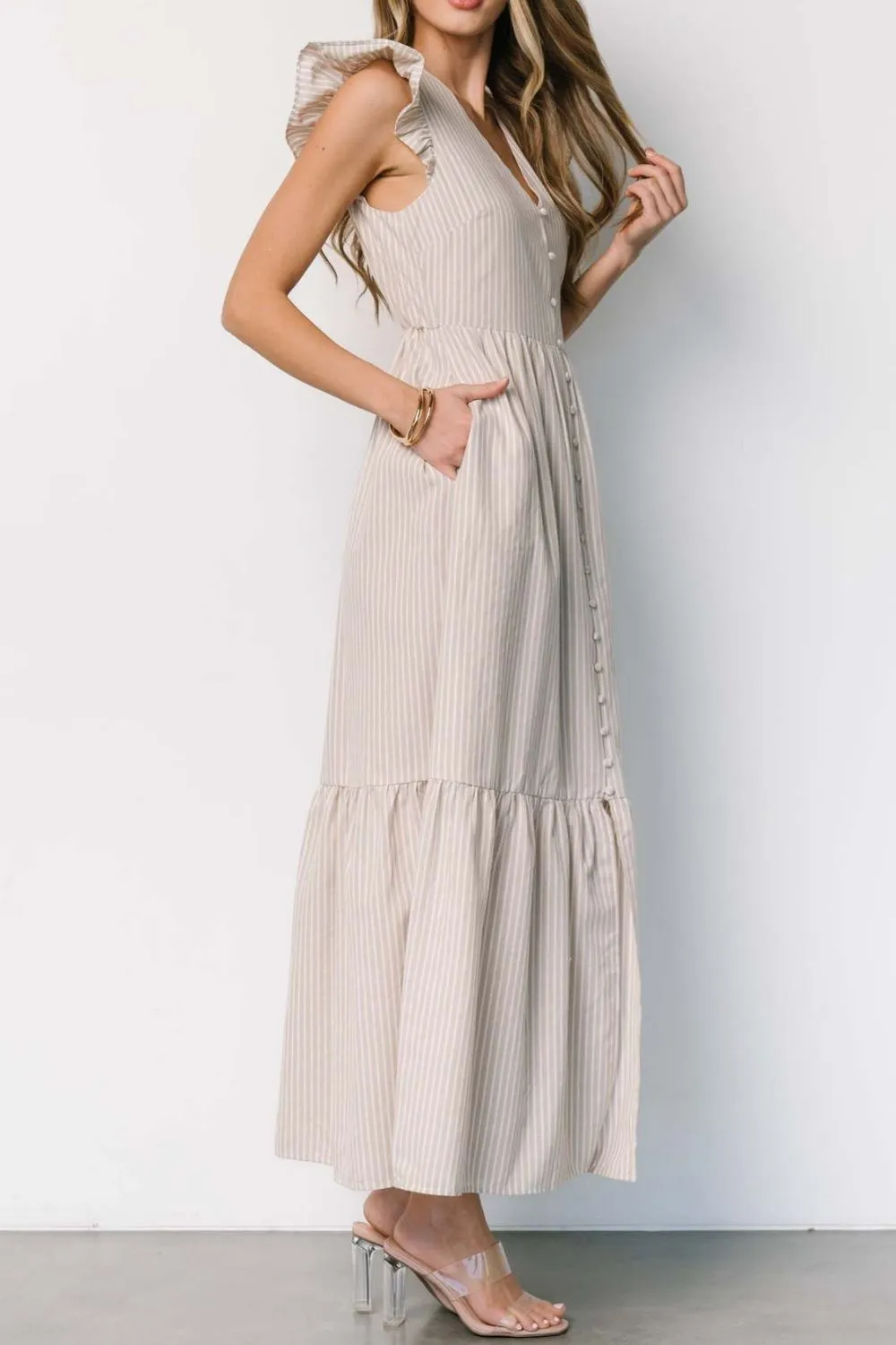 Slit Striped V-Neck Ruffled Cap Sleeve Dress, image 7
