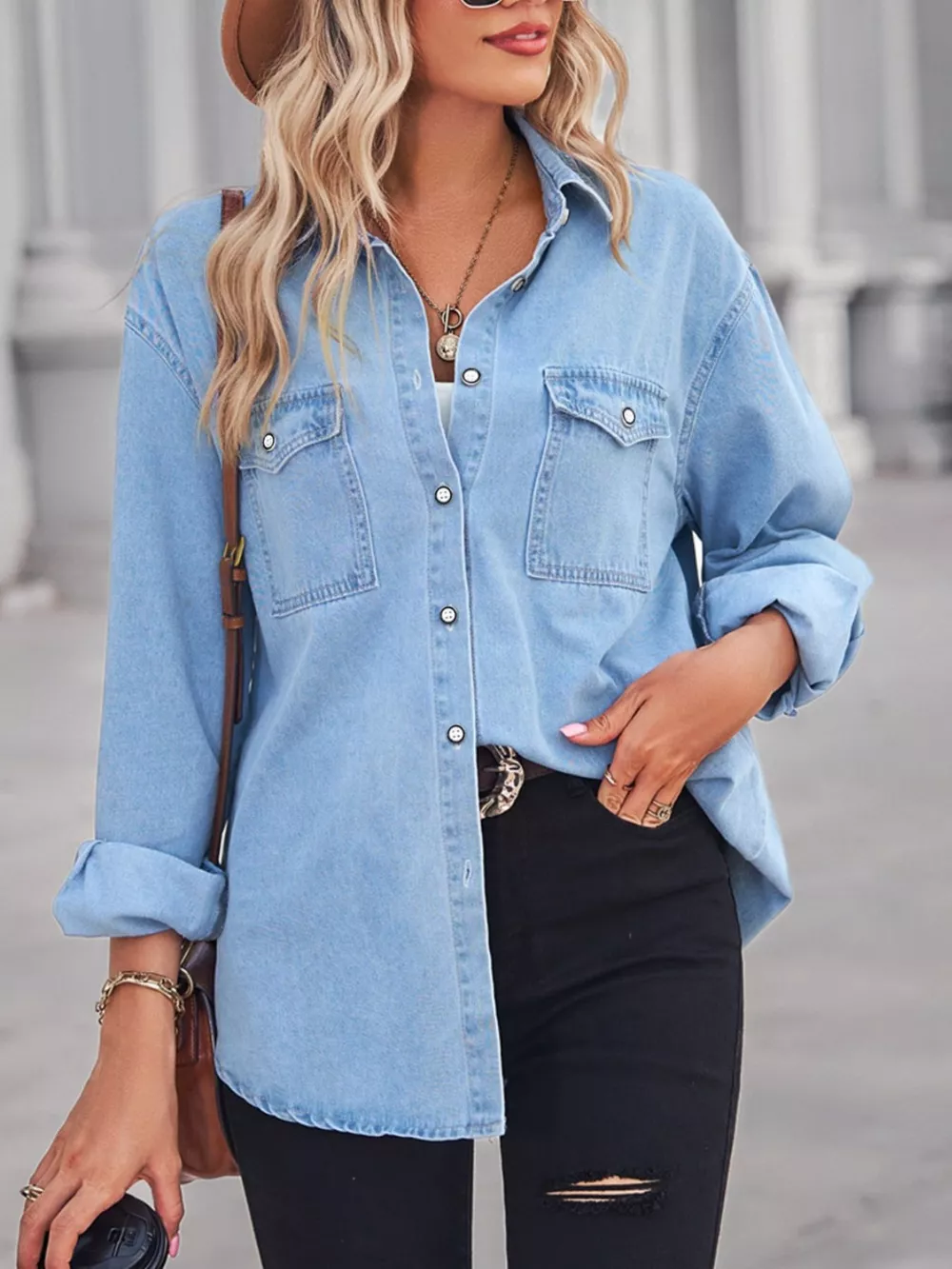 Button Down Washed Denim Shirt with Chest Pockets, image 10