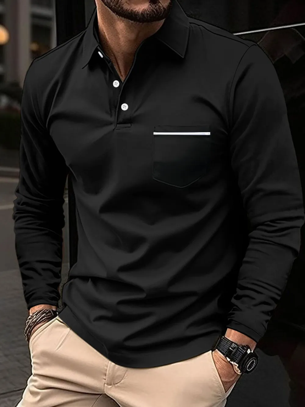 Men's Full Size Button Detail Long Sleeve Polo Plus Size
