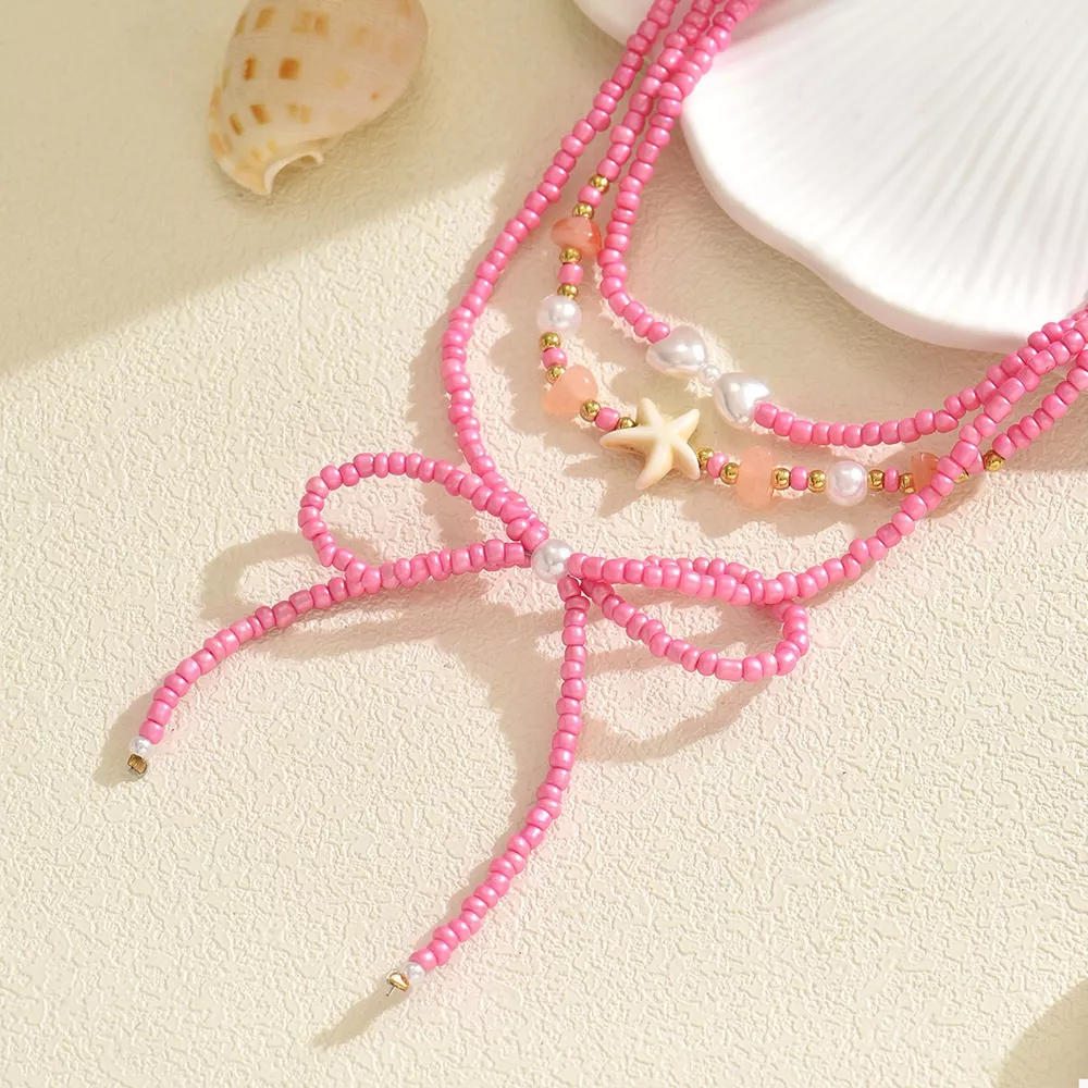 Beaded Three-Layered Necklace with Bow and Starfish Charms, image 5