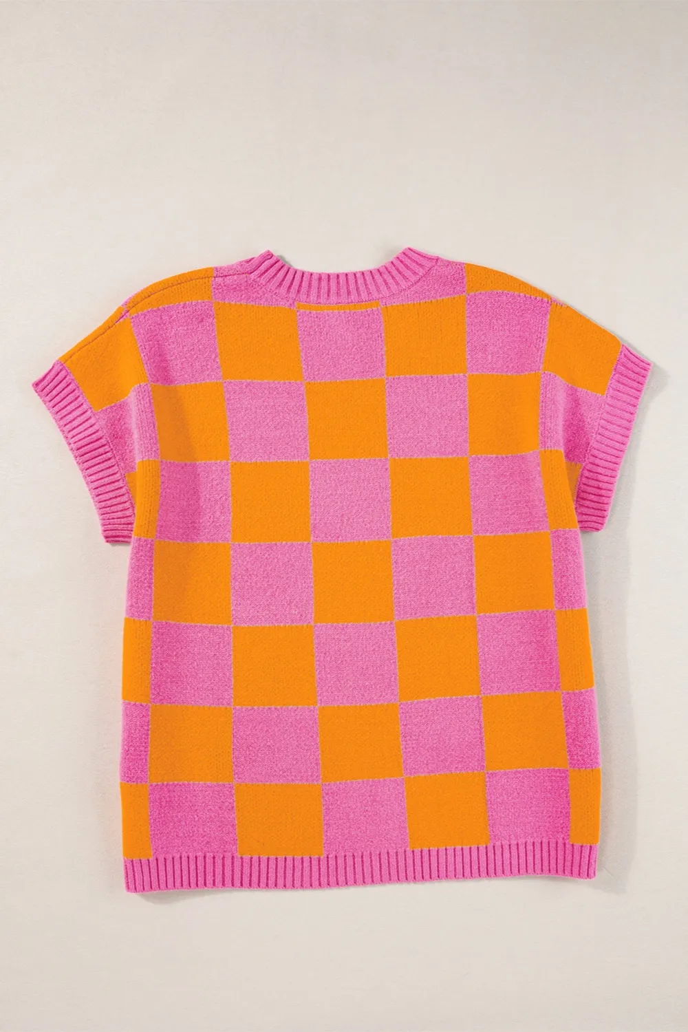 Checkered Round Neck Short Sleeve Sweater, image 8