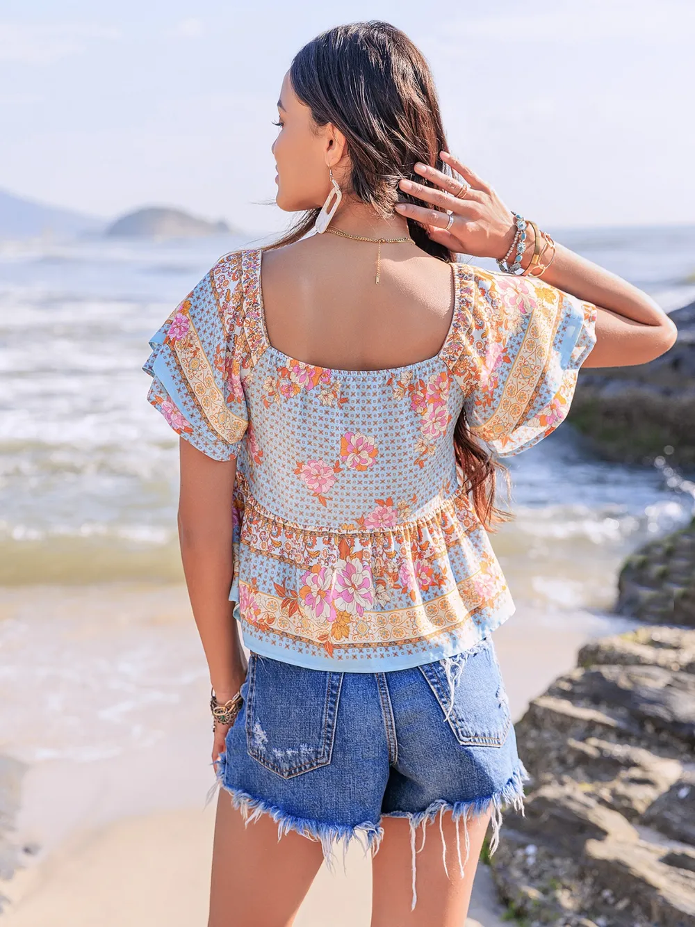 Printed Sweetheart Neck Layered Short Sleeve Blouse, image 8