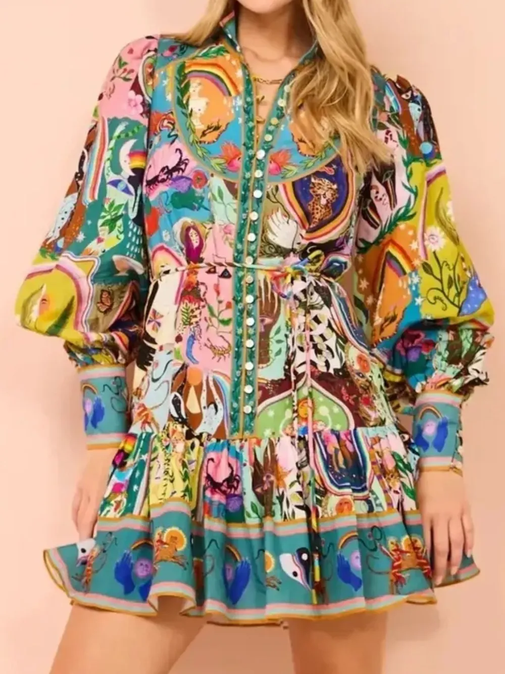 Printed Long Sleeve Mini Dress with Belt, image 7