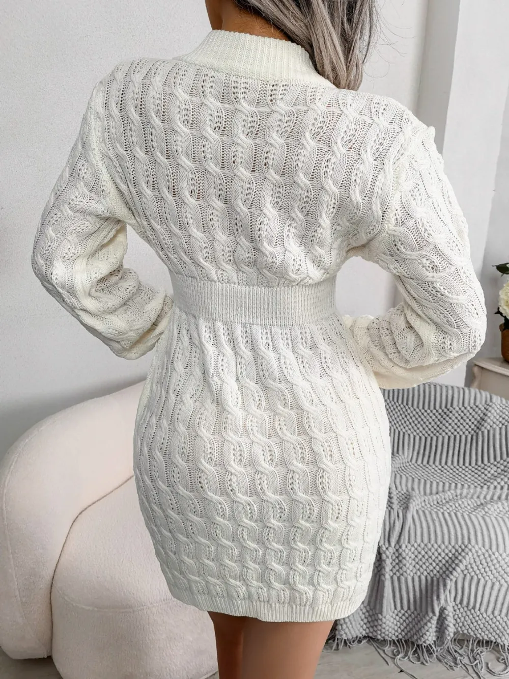 Cable-Knit Round Neck Mini Wrap Sweater Dress, image 9