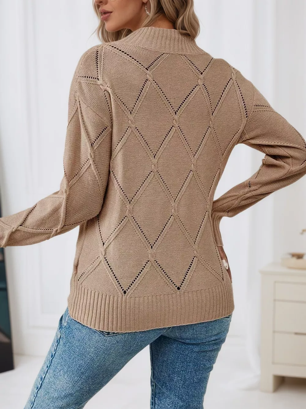 Long Sleeve Diamond Eyelet Knit Top, image 3