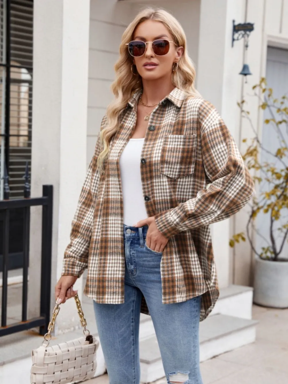Pocketed Plaid Collared Neck Long Sleeve Shirt, image 8