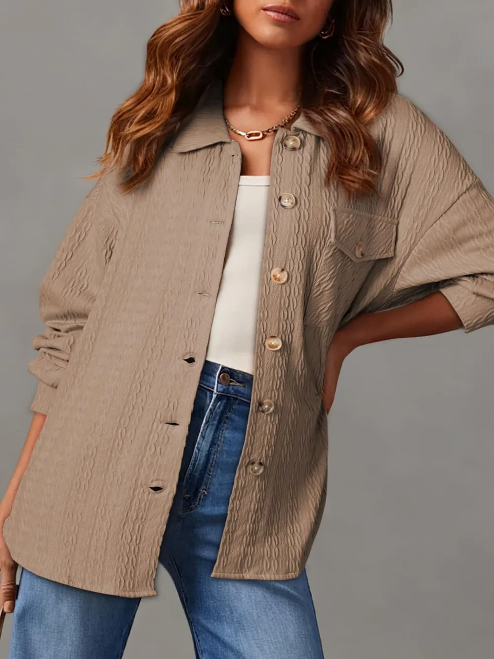 Textured Button Up Long Sleeve Shacket, image 8