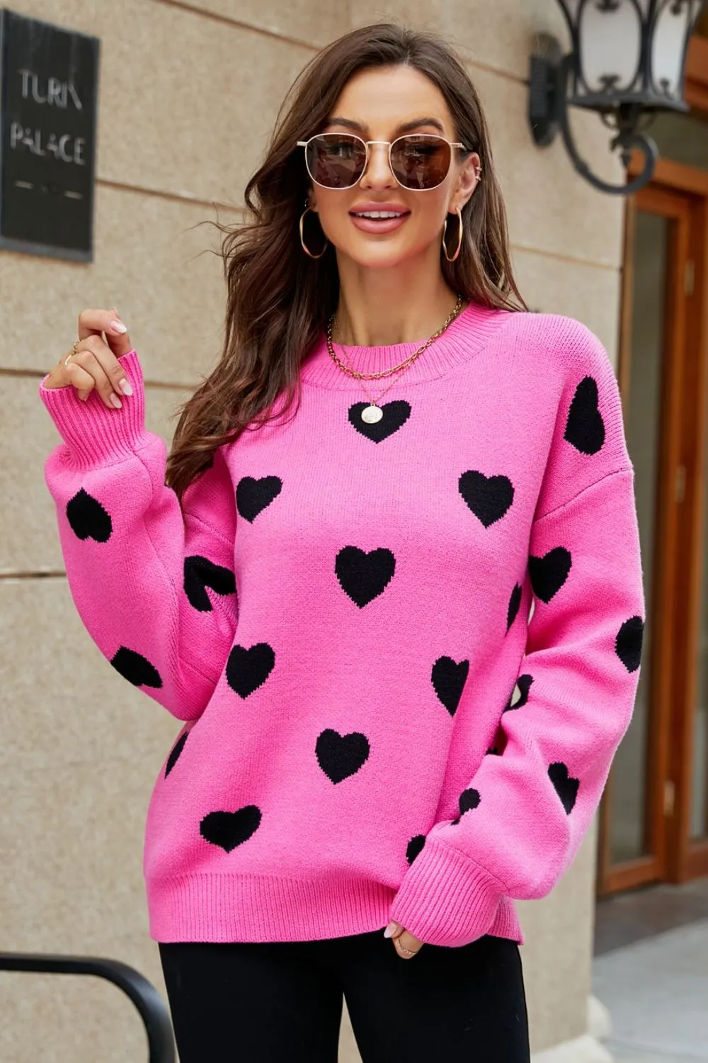 Heart Pattern Lantern Sleeve Round Neck Tunic Sweater, image 16