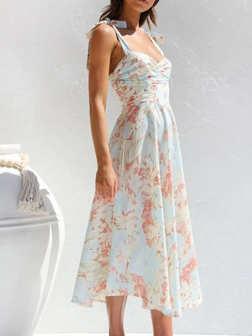 Floral Tie-Strap Sweetheart Neck Midi Dress, image 9
