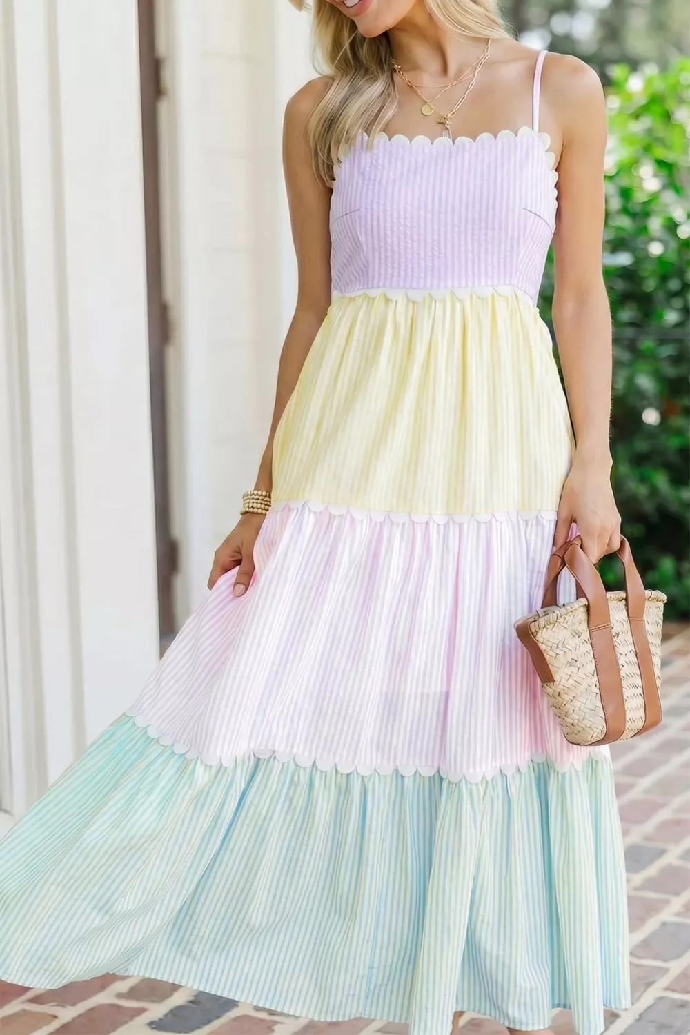 Striped Colorblock Adjustable Strap Scalloped Detail Long Dress, image 3