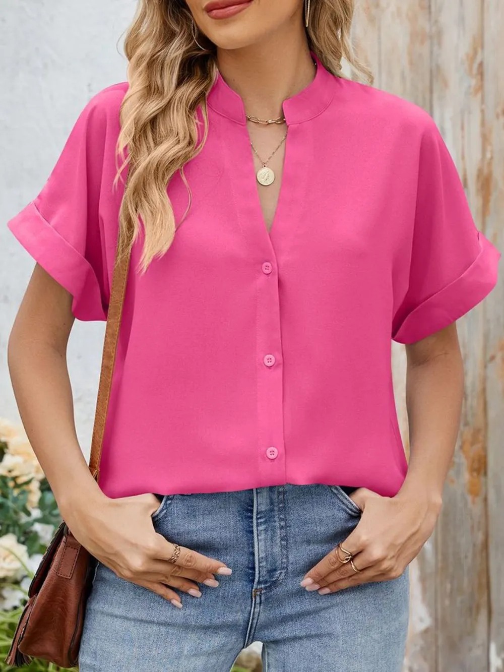 Notched Short Sleeve Blouse, image 30