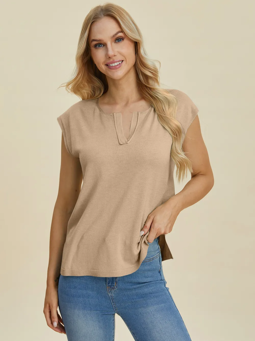 Full Size Notched Cap Sleeve Knit Top, image 12