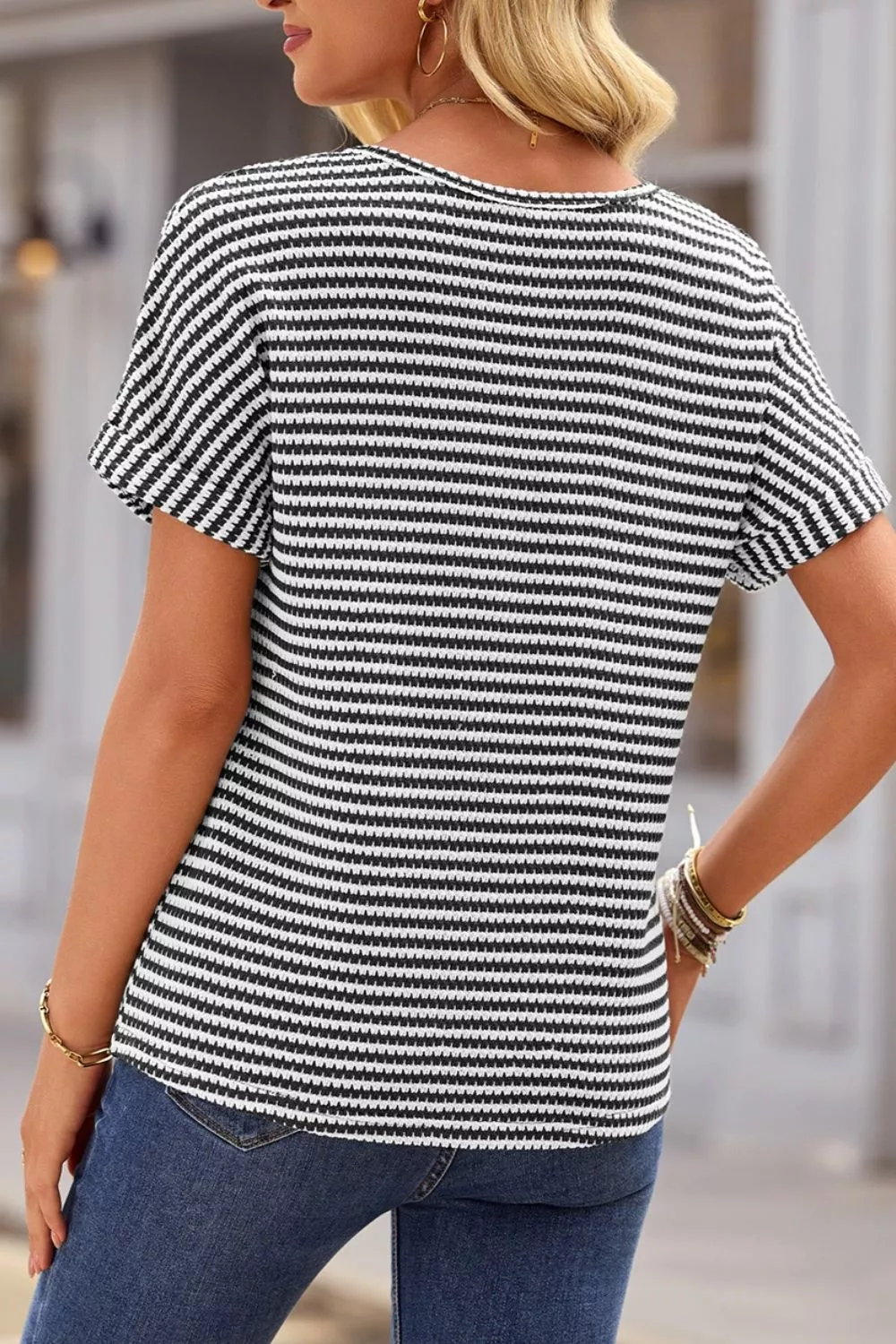 Stripe Textured Knit Notched Neck Cuffed Short Sleeve Top, image 9