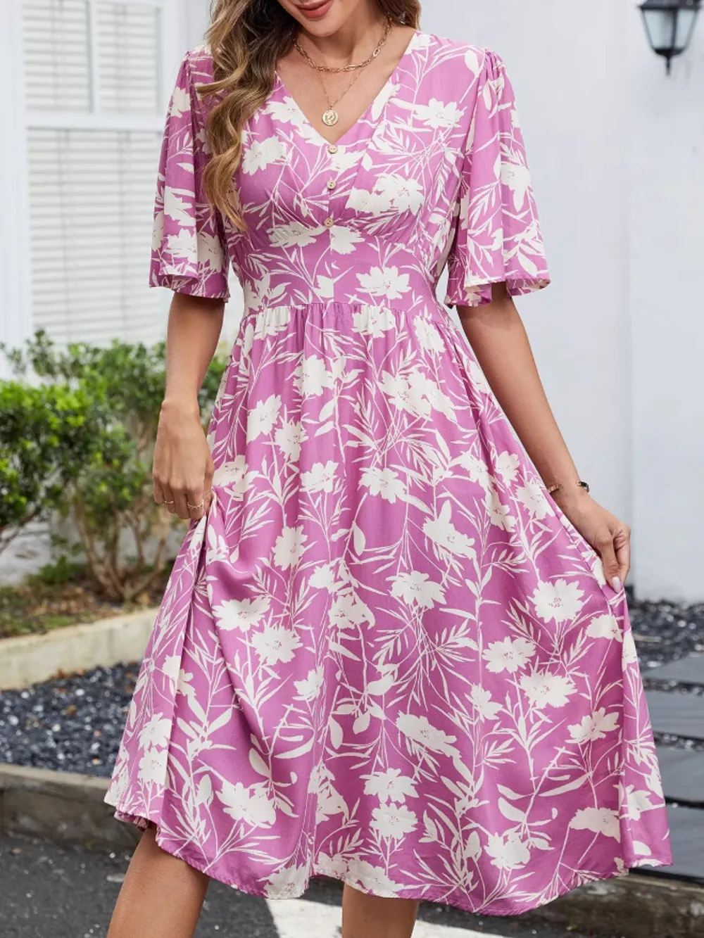 Floral Flutter Sleeve V-Neck Summer Midi Dress, image 4