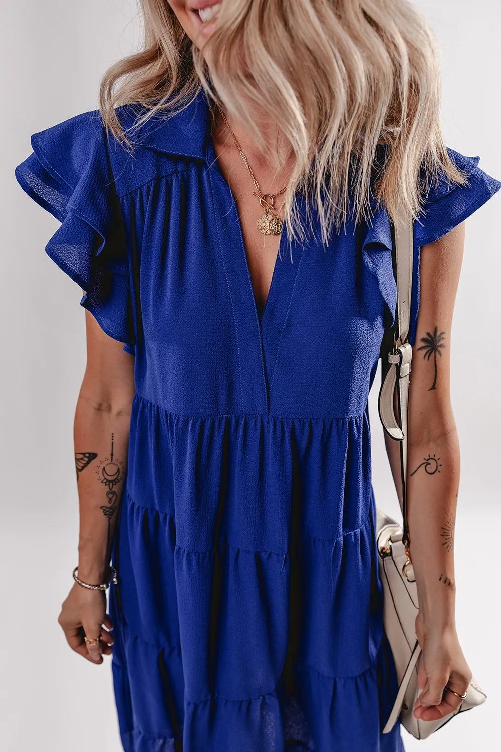 Ruffled Short Sleeve Collared V Neck Tiered Midi Dress, image 10
