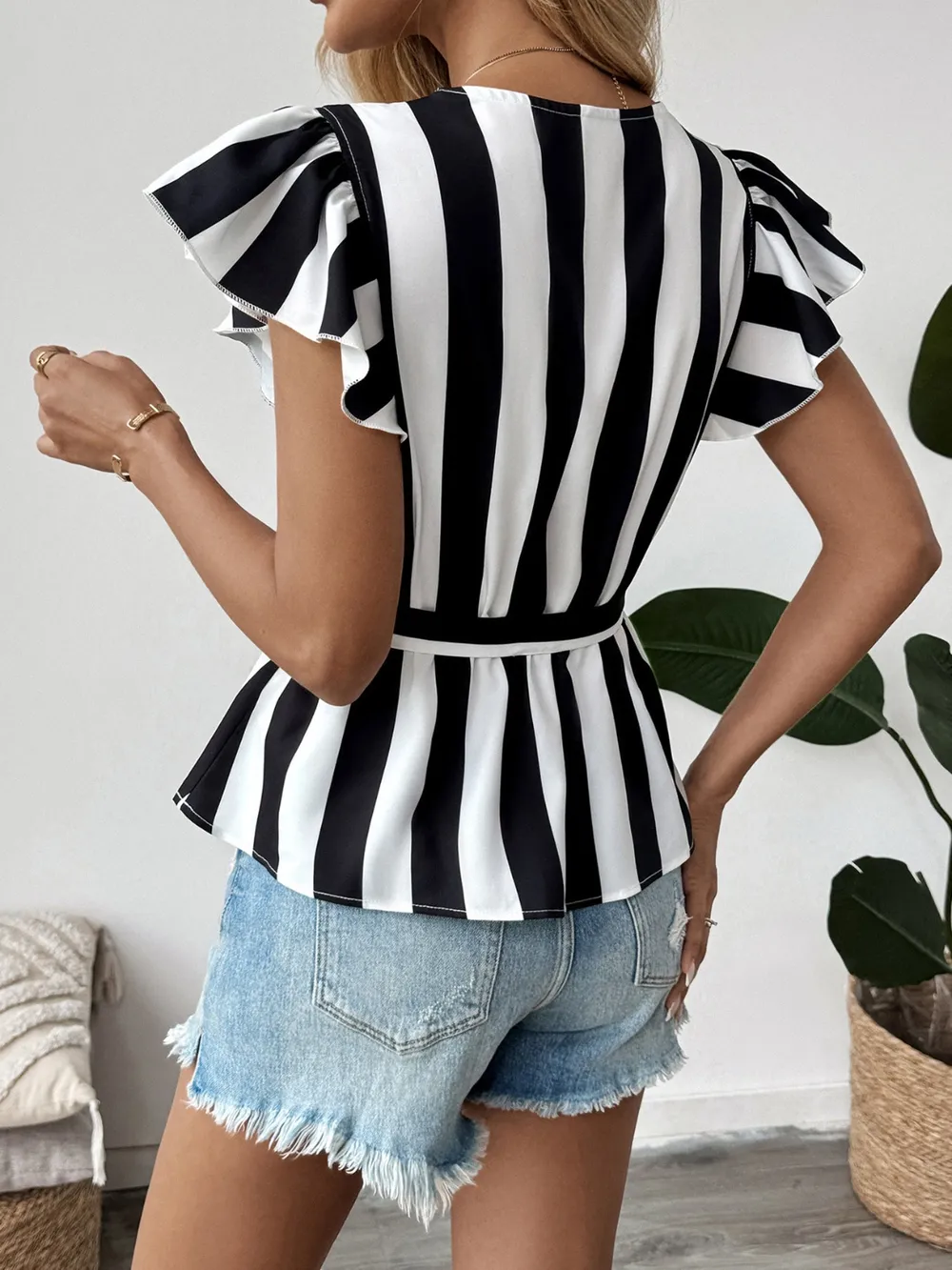 Striped Surplice Flutter Sleeve Wrap Blouse, image 9