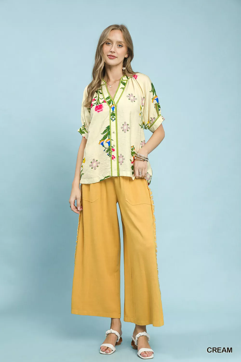 Botanical Print Contrast Trim Button Blouse, image 5