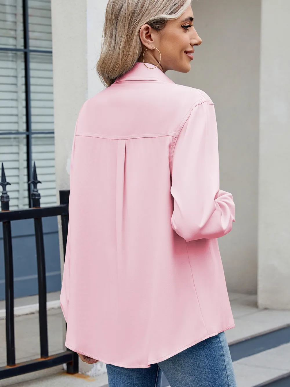 Solid Color Collared Neck Long Sleeve Shirt, image 17
