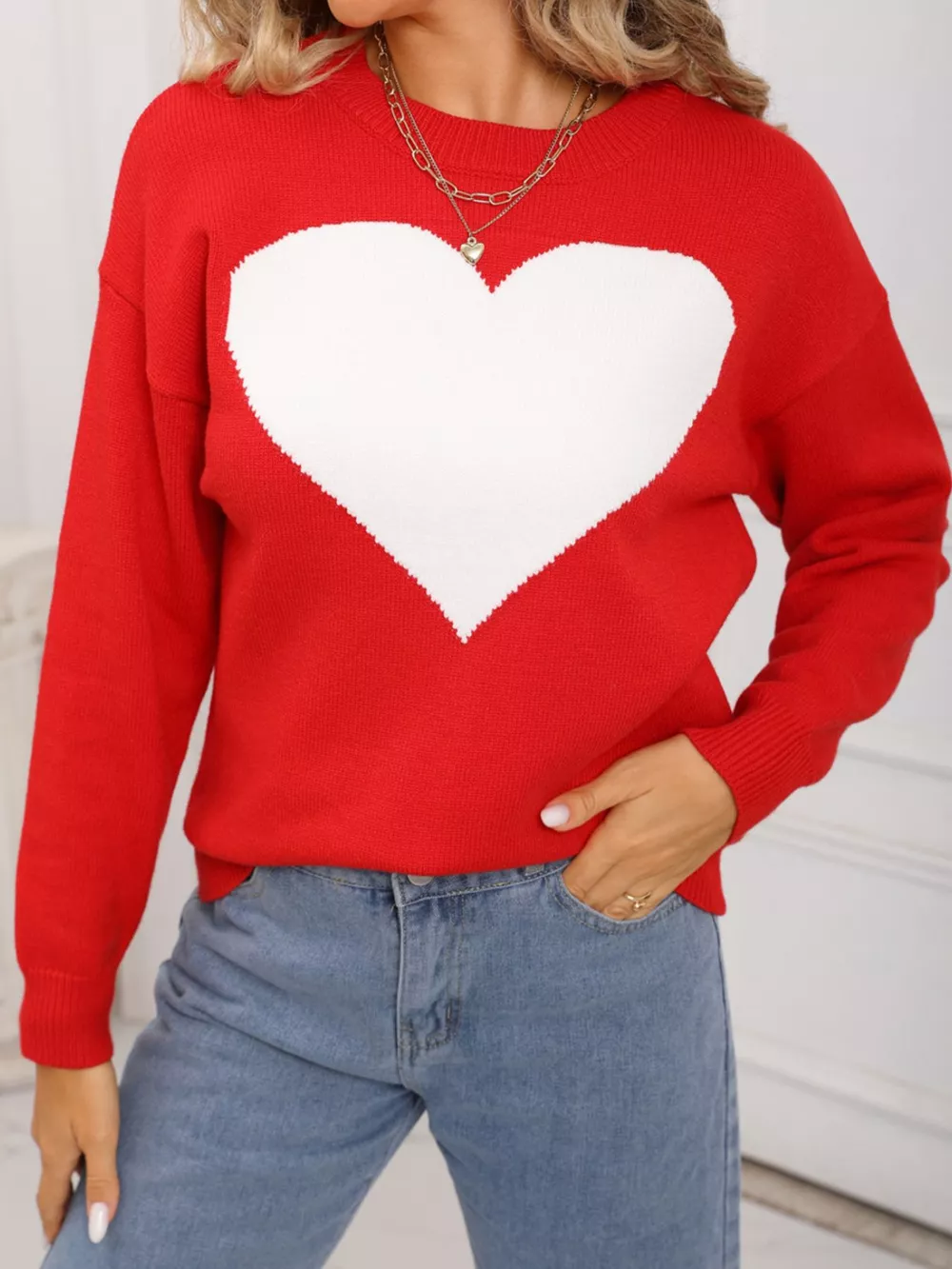 Valentine's Day Heart Round Neck Dropped Shoulder Sweater, image 12