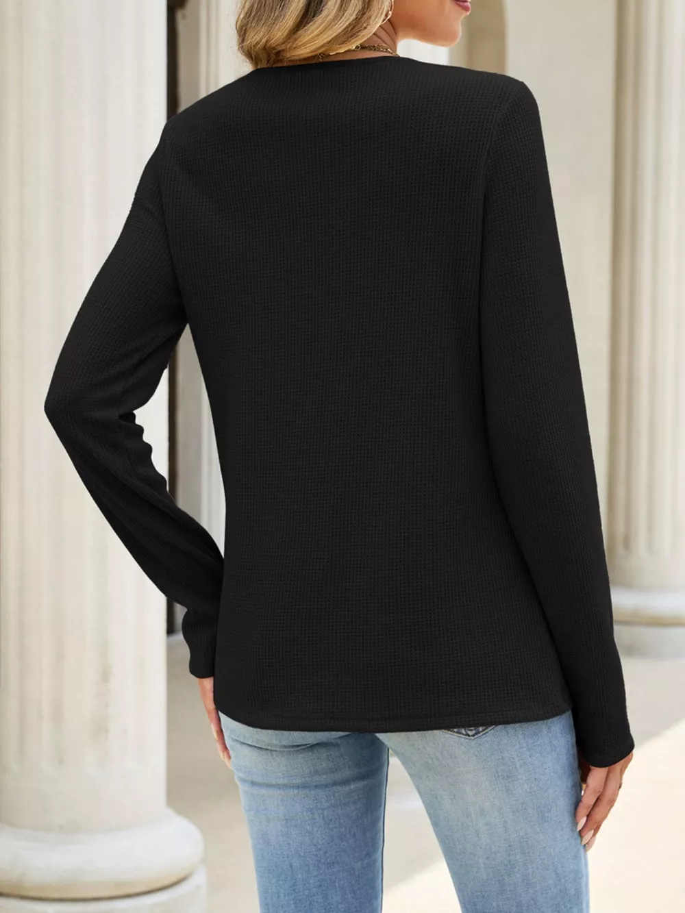 Lace Panel Waffle Knit Long Sleeve T-Shirt, image 10