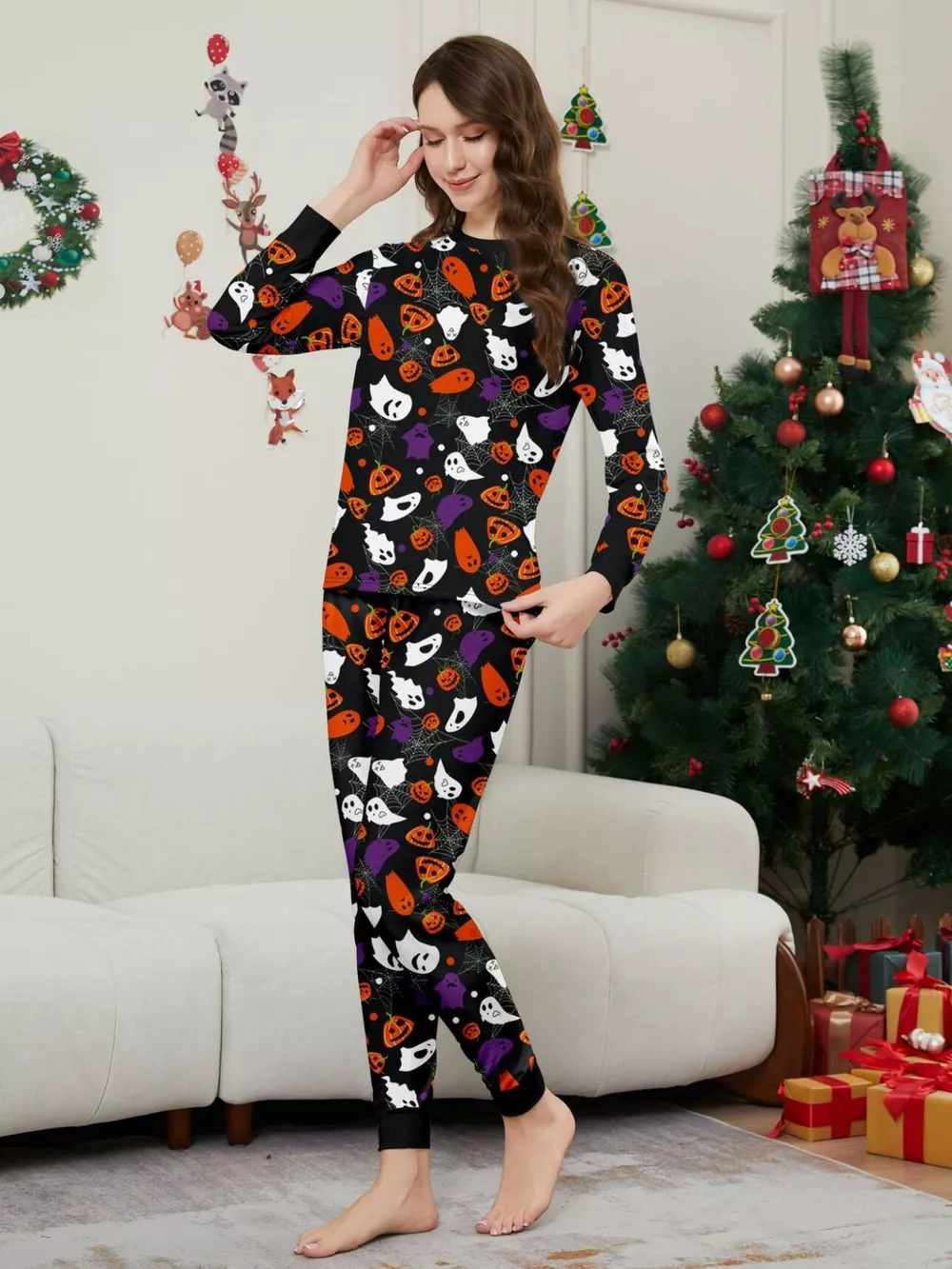 Full Size Halloween Themed Family Matching Pajama Set with Ghost and Pumpkin Print Plus Size, image 5