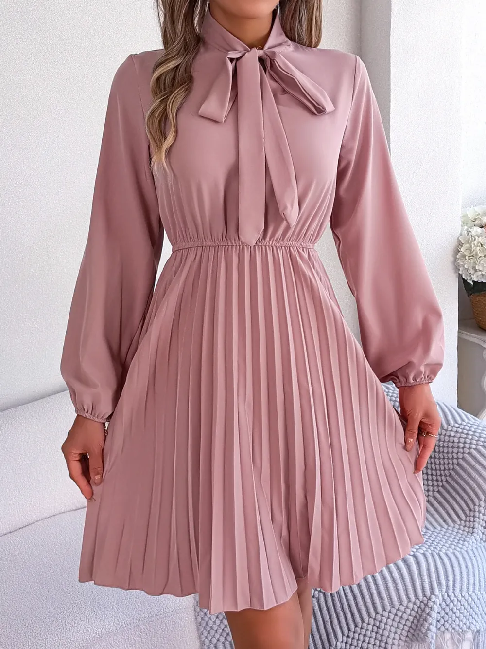 Tie Neck Balloon Sleeve Pleated Dress, image 7