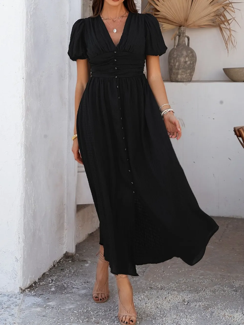 V-Neck Puff Short Sleeve Midi Dress, image 29