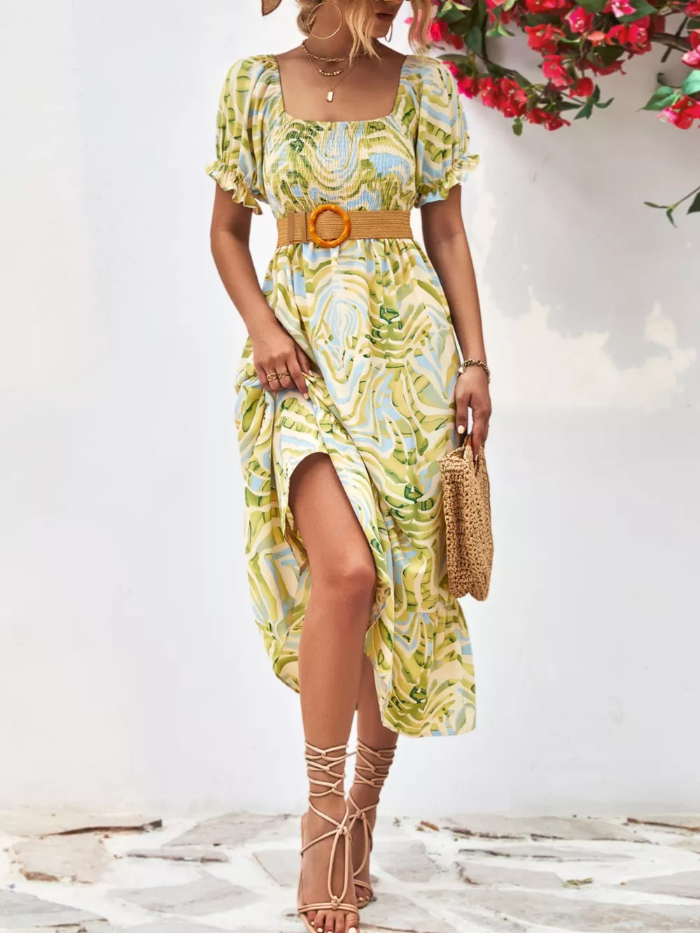 Smocked Printed Puff Sleeve Midi Dress, image 6