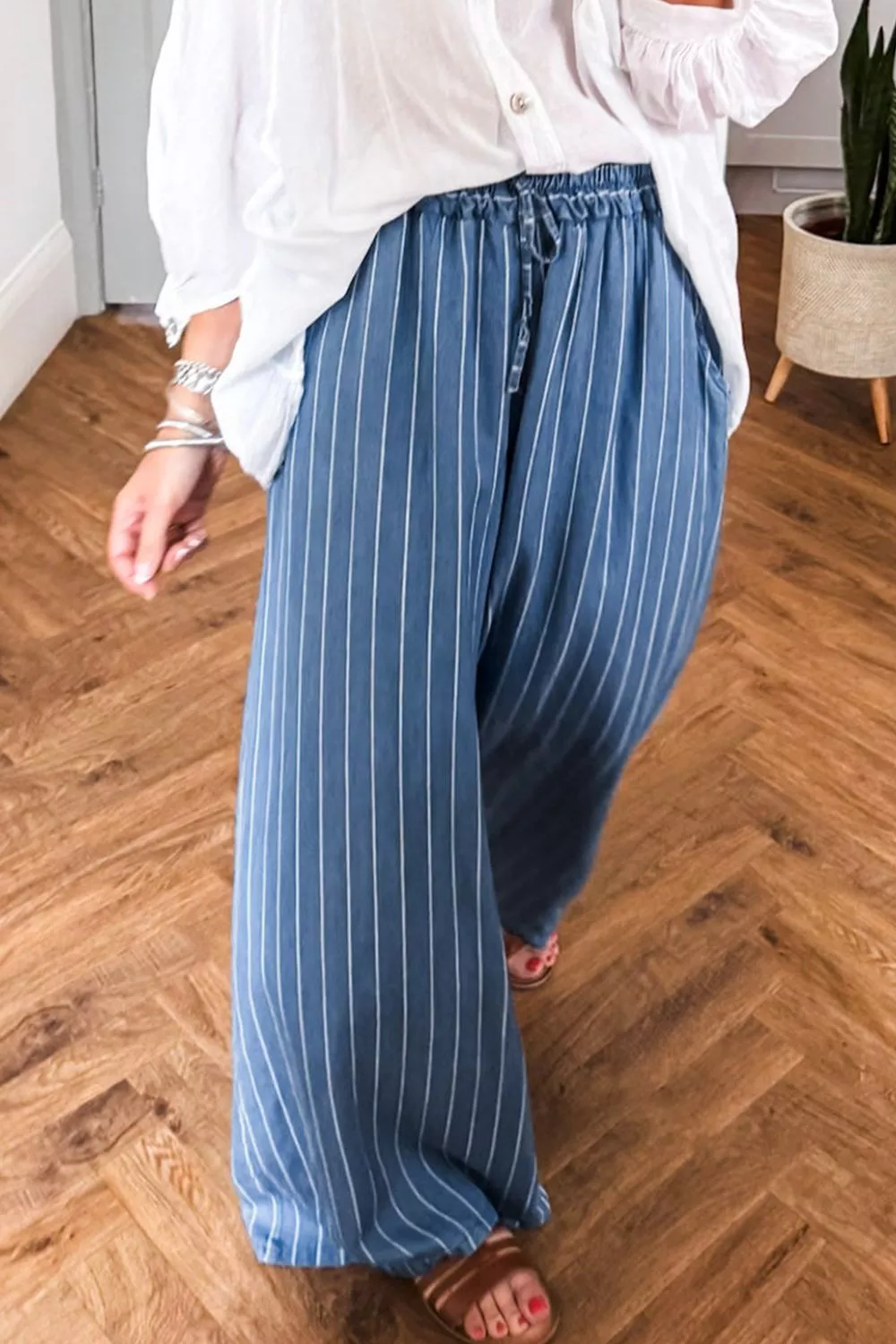 Stripe Chambray Wide Leg Tied Elastic Waist Jeans, image 5