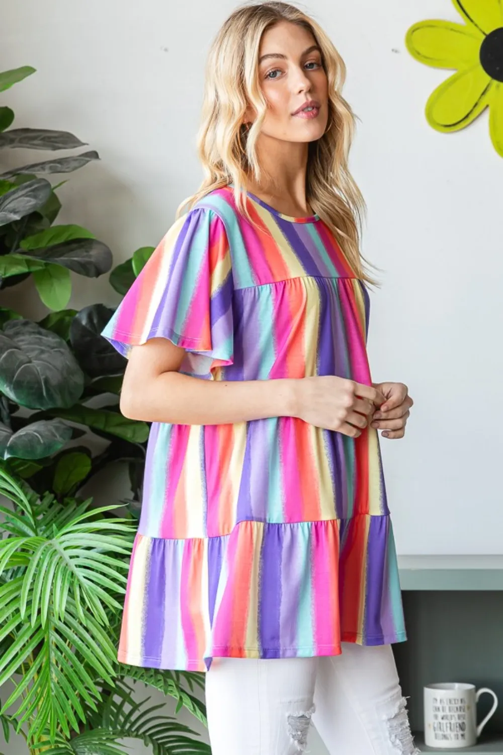 Full Size Short Sleeve Striped Tiered Top, image 3