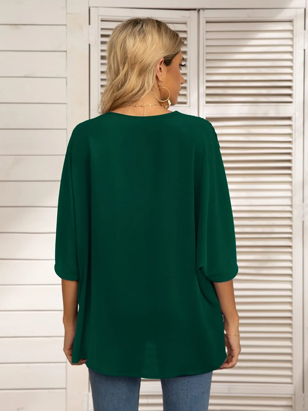 Printed Trim V-Neck Batwing Sleeve Blouse, image 12
