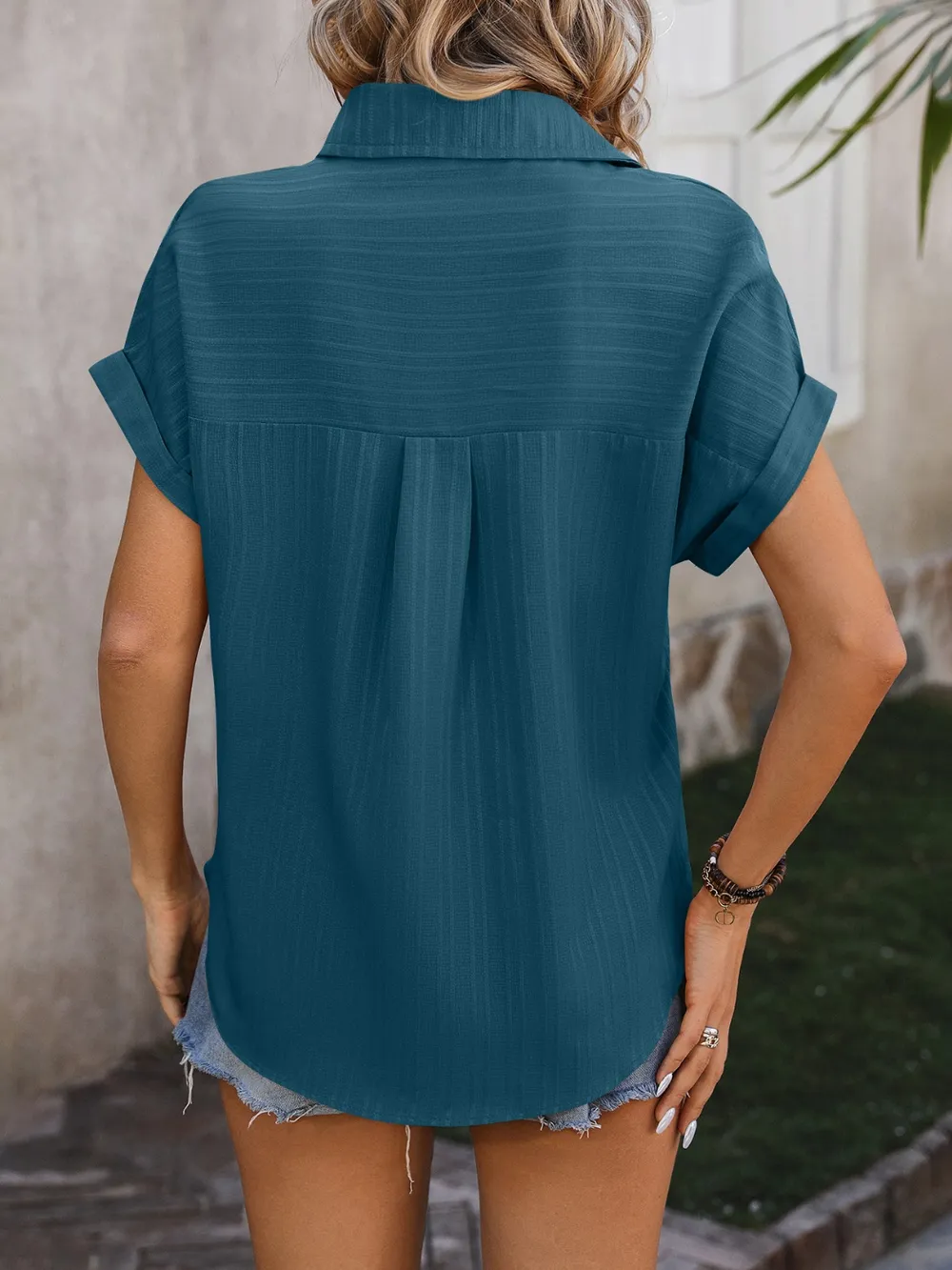 Textured Button Up Cap Sleeve Shirt, image 5